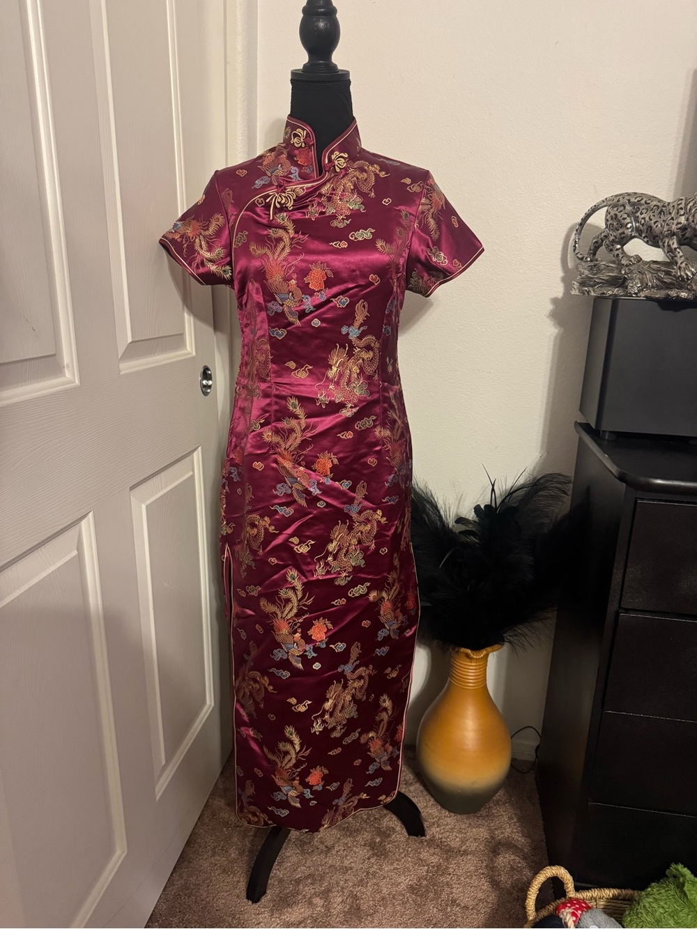Elegant Burgundy Cheongsam Dress with Dragon Embroidery